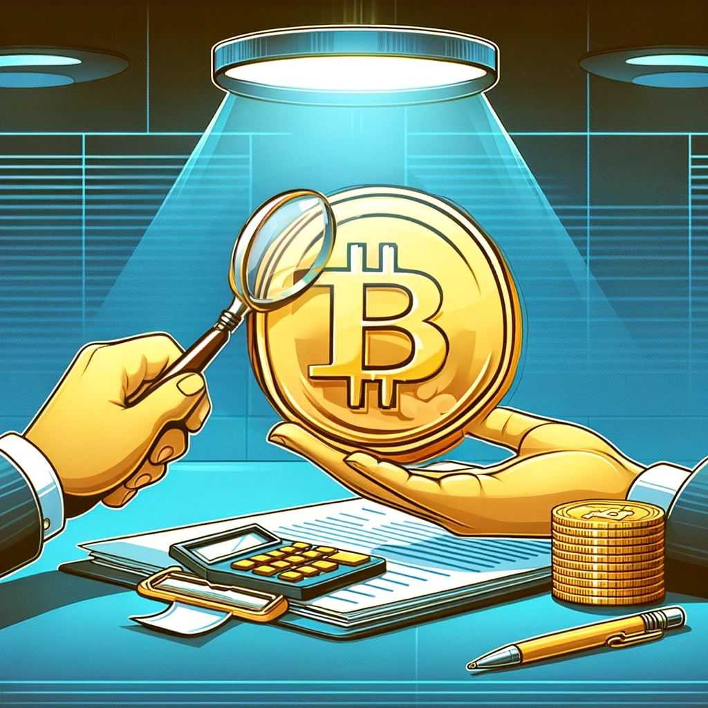 An illustration depicting the concept of taxation in the world of cryptocurrencies without a magnifying glass. The image should show a large, golden coin embossed with a cryptocurrency symbol (like Bitcoin) prominently displayed. Beside the coin, there should be a stack of paperwork and a digital calculator, representing the complexities of crypto taxation. The background should be a sleek, modern office setting, subtly hinting at a financial or governmental environment.
